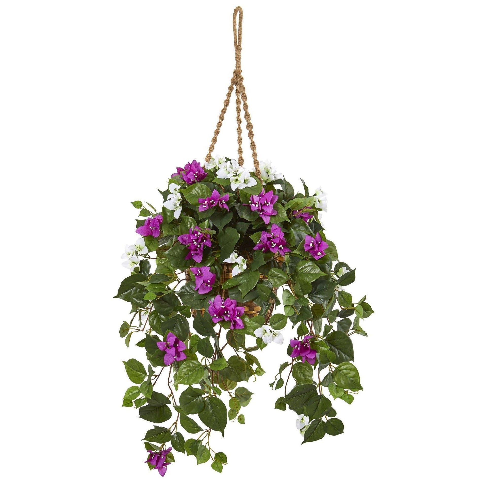 30-inch Bougainvillea Artificial Hanging Basket with purple and white blooms and foliage on Tampa Home & Garden Store