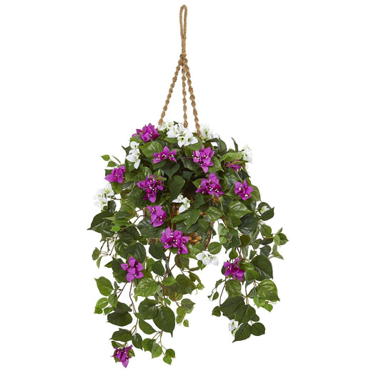 30-inch Bougainvillea Artificial Hanging Basket with purple and white blooms and foliage on Tampa Home & Garden Store