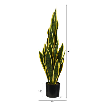 30” Sansevieria artificial plant by Nearly Natural in black pot with yellow-edged leaves on Tampa Home & Garden Store