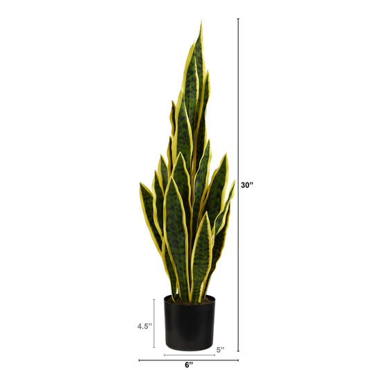 30” Sansevieria artificial plant by Nearly Natural in black pot with yellow-edged leaves on Tampa Home & Garden Store