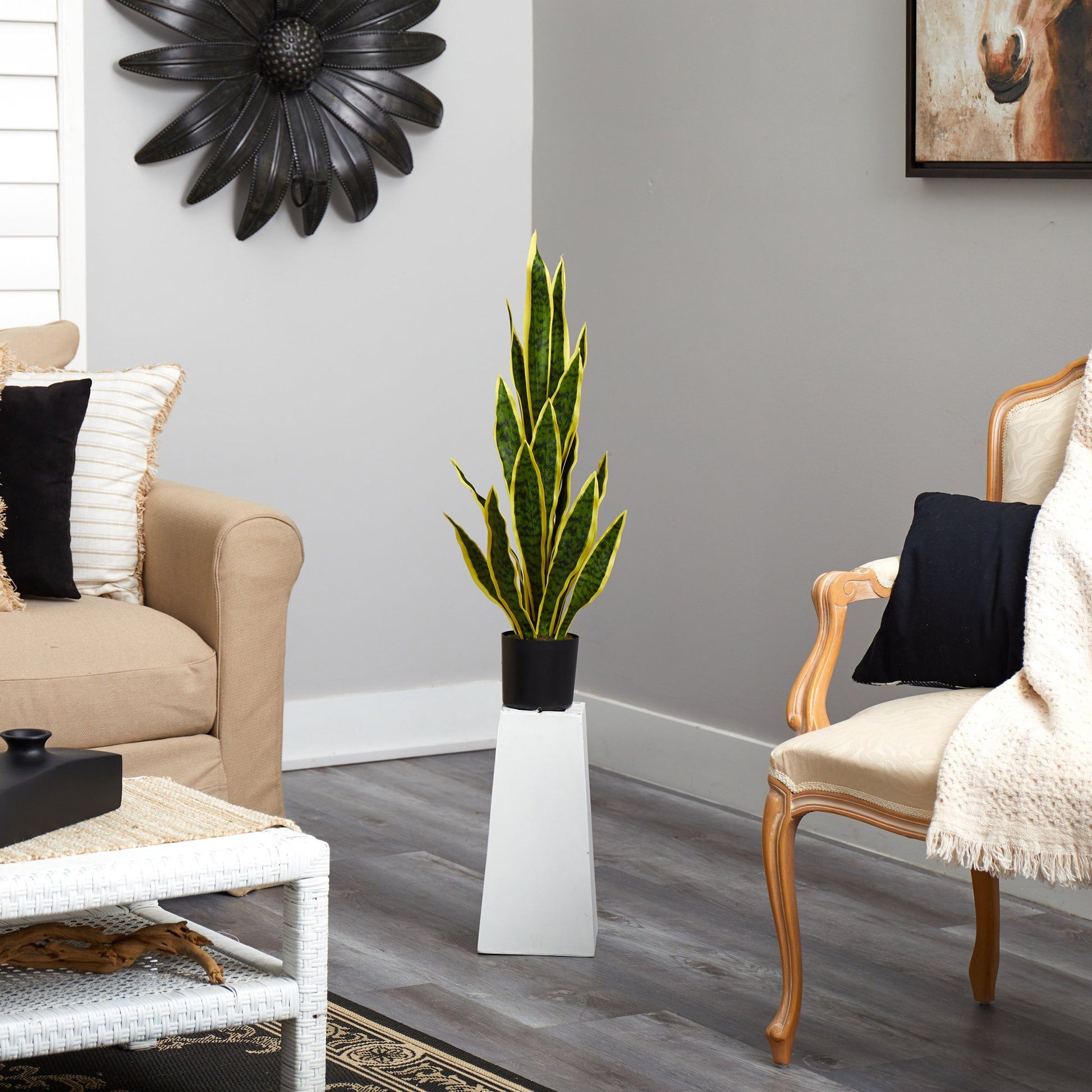 30-inch Sansevieria artificial plant by Nearly Natural in a black pot with green-edged leaves on Tampa Home & Garden Store