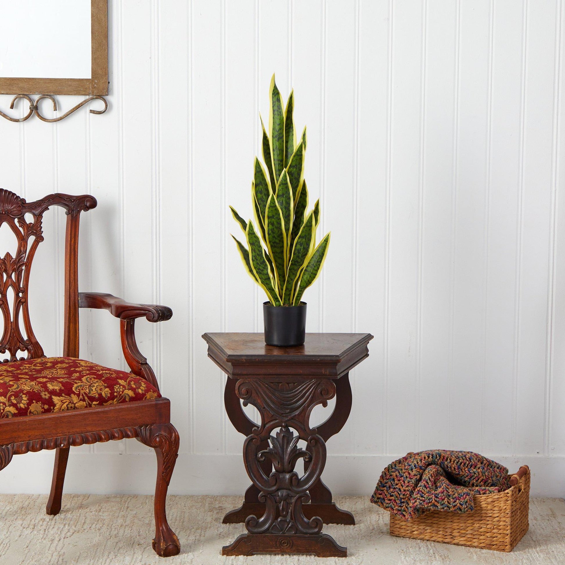 30-in Nearly Natural Sansevieria artificial plant in black pot with yellow-edged leaves on Tampa Home & Garden Store