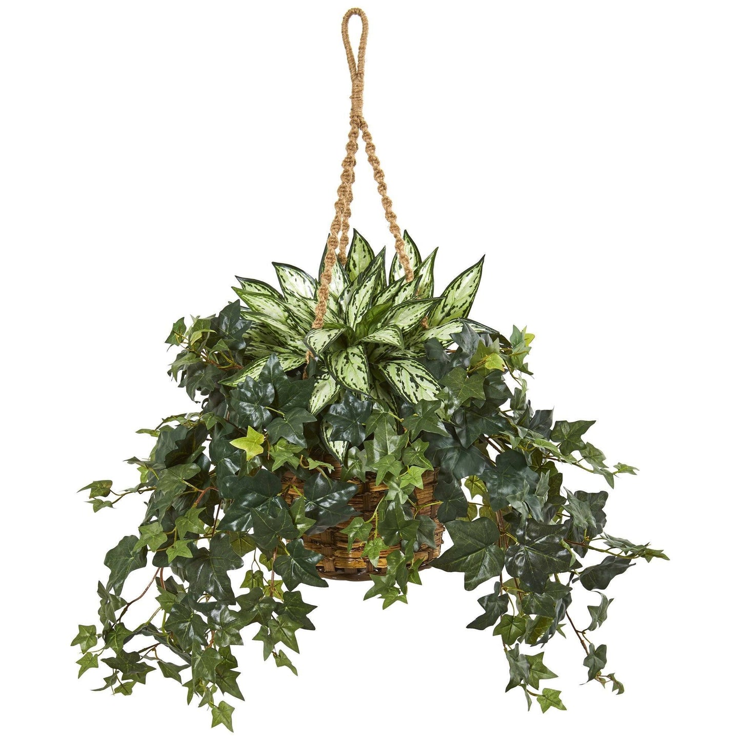 30in Nearly Natural Silver Queen and Ivy hanging basket plant with variegated leaves on Tampa Home & Garden Store
