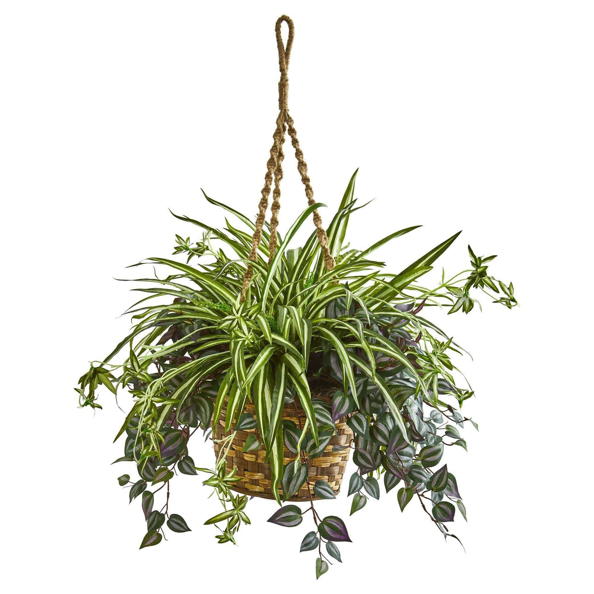 Nearly Natural 30in Wandering Jew & Spider artificial hanging plant with variegated leaves on Tampa Home & Garden Store