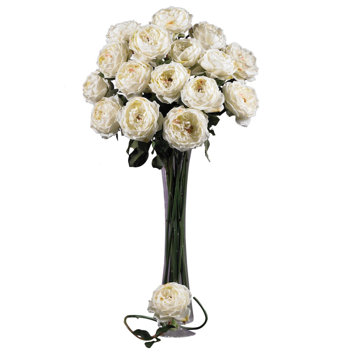 31in Large Rose Stem set of 12 cream-white roses with green leaves in a clear vase on Tampa Home & Garden Store