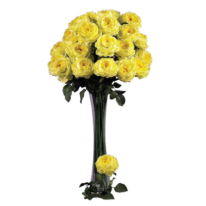 31in Nearly Natural yellow rose stems bouquet, set of 12 with green leaves in clear vase on Tampa Home & Garden Store