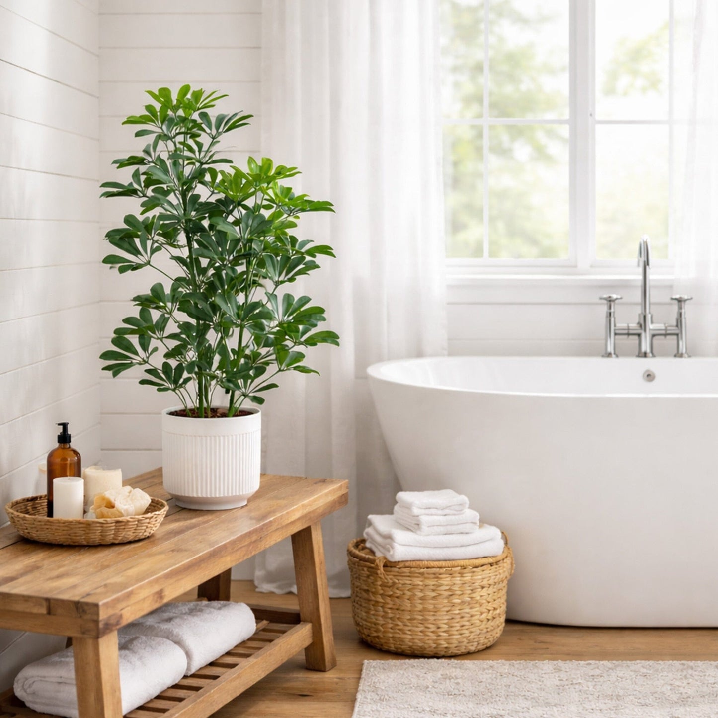 Nearly Natural 31” UV Resistant Schefflera tree in white decorative planter, indoor/outdoor on Tampa Home & Garden Store
