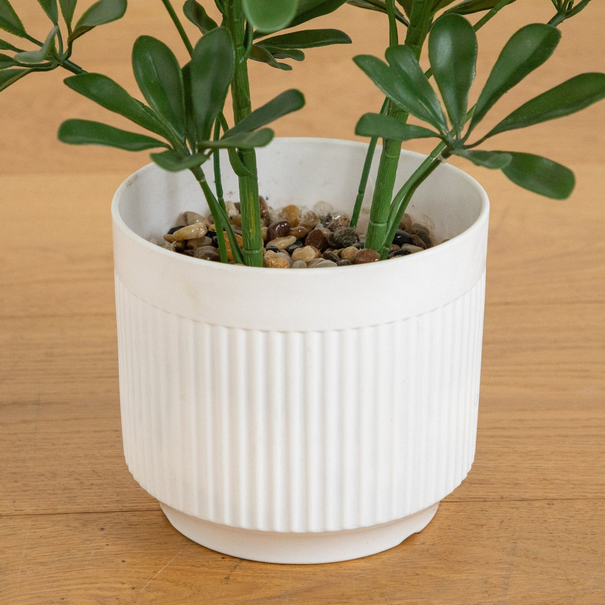 31-inch UV-resistant artificial schefflera tree in white planter with pebbles by Nearly Natural on Tampa Home & Garden Store