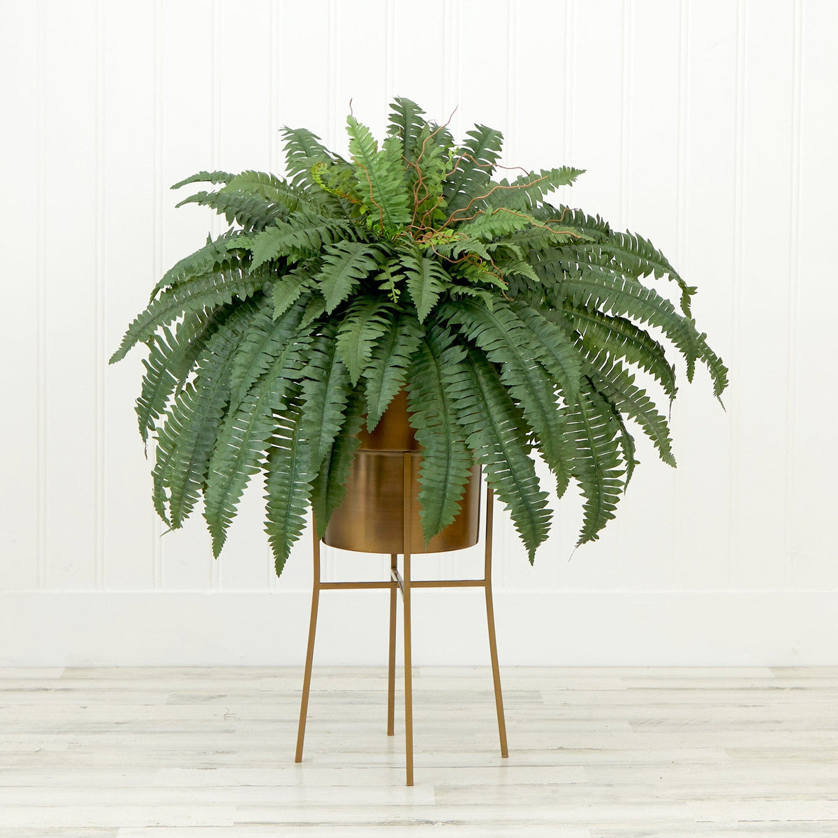 32-inch artificial Boston fern plant in a metal planter with gold stand Nearly Natural DIY KIT on Tampa Home & Garden Store
