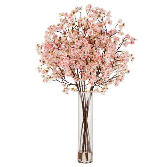 32” Artificial Cherry Blossom Arrangement with Glass Cylinder Vase - Tampa Home & Garden Store