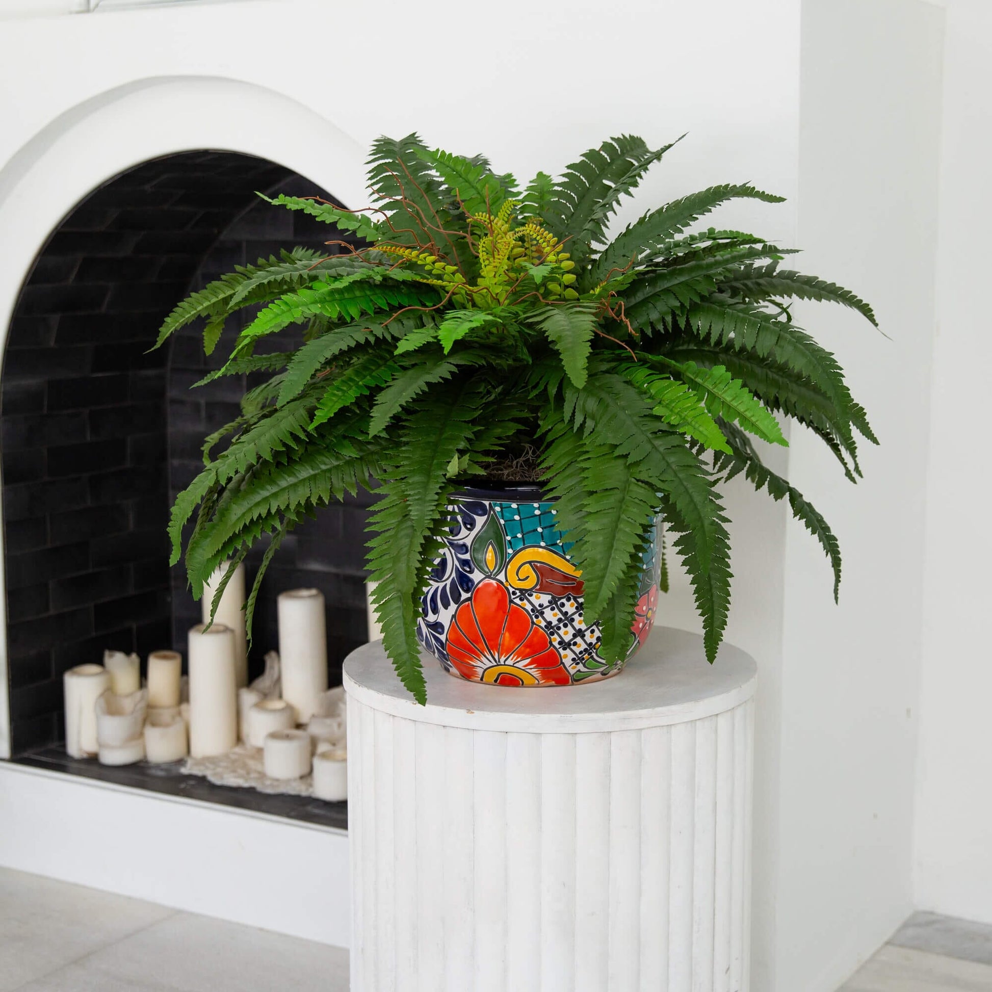 32-in artificial double Boston fern in Mexican Talavera ceramic planter by Nearly Natural on Tampa Home & Garden Store
