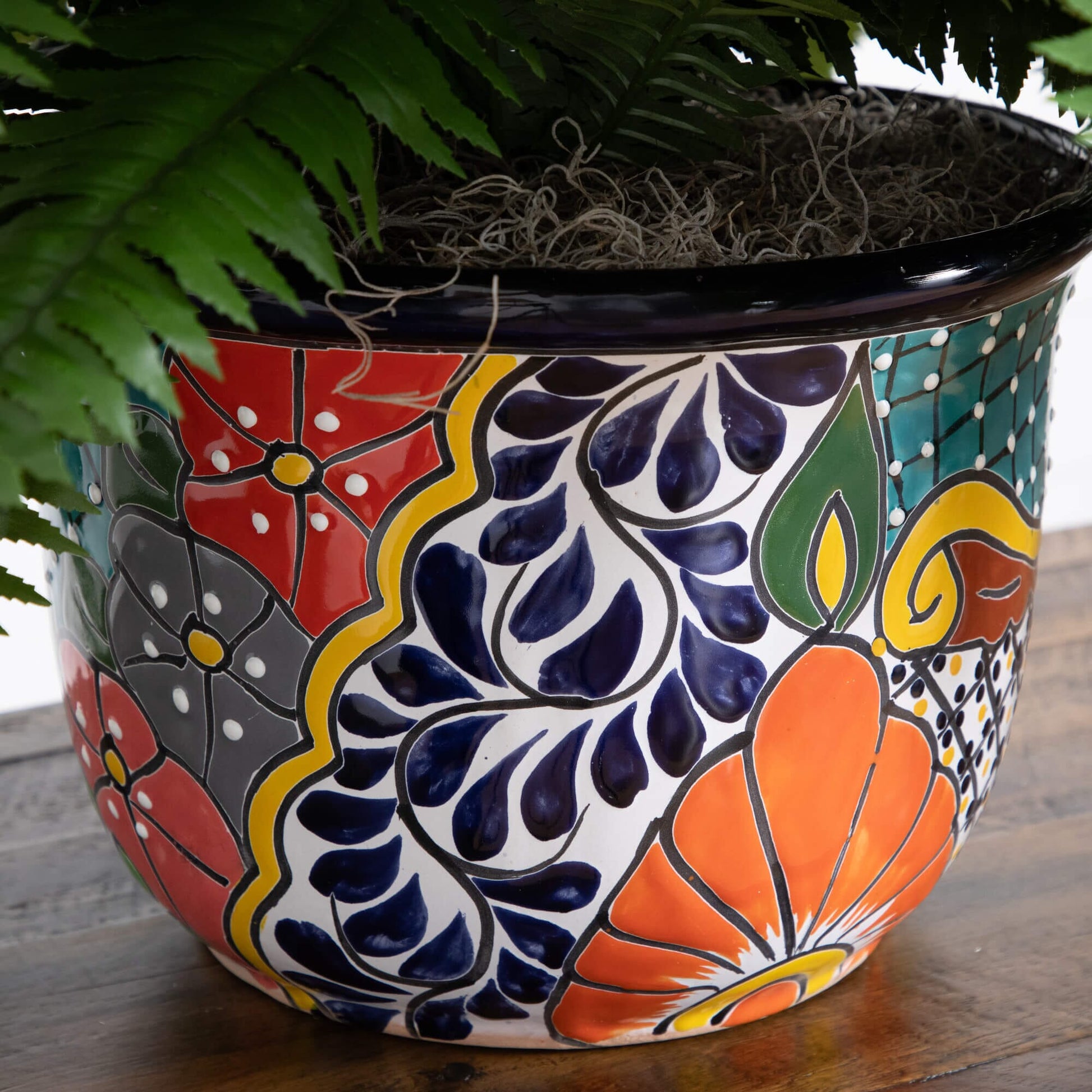 32in artificial double Boston fern in a Mexican Talavera ceramic planter with pattern on Tampa Home & Garden Store