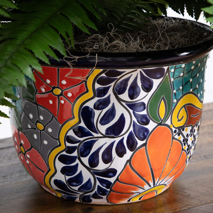 32in artificial double Boston fern in a Mexican Talavera ceramic planter with pattern on Tampa Home & Garden Store