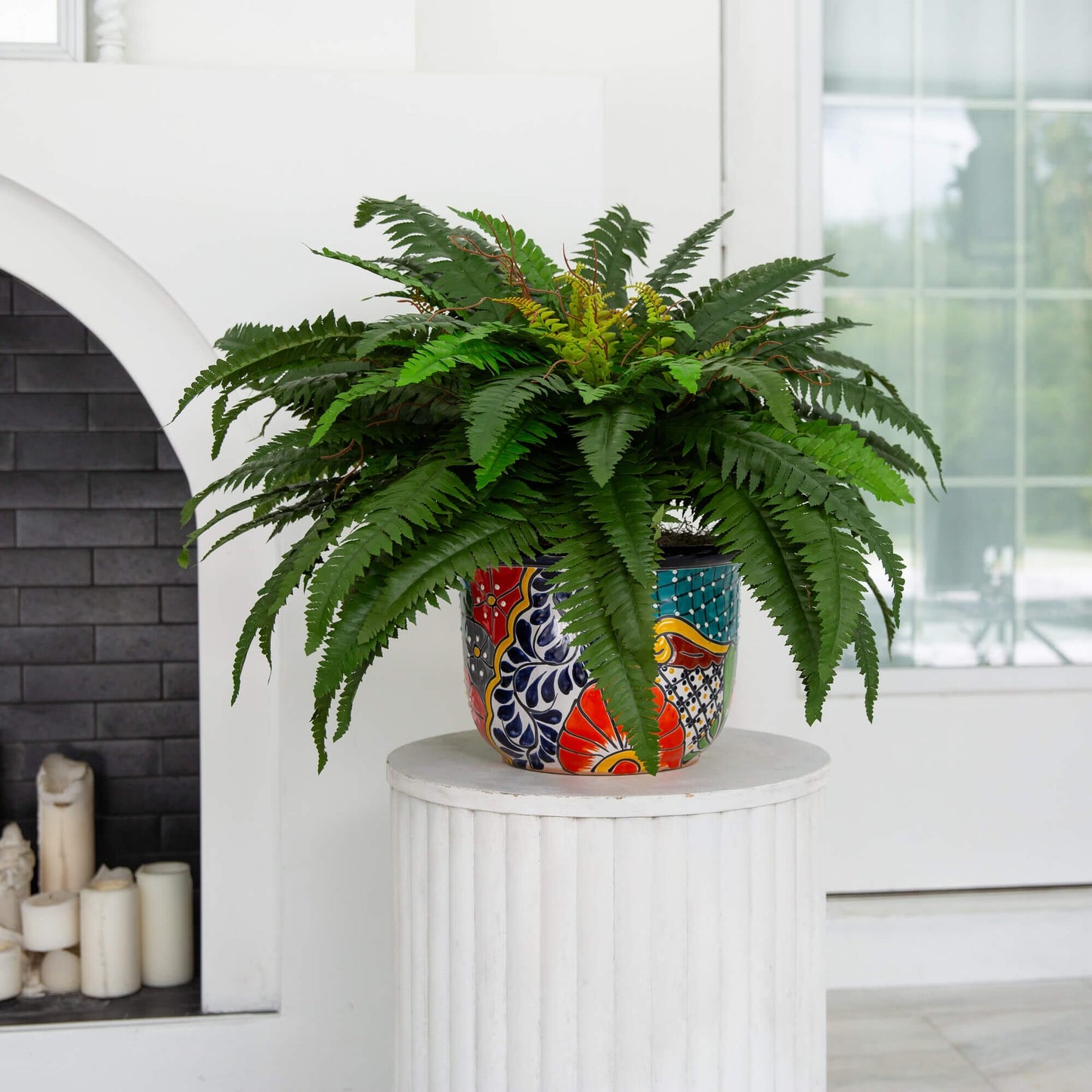 32-inch artificial double Boston fern in a handmade multicolor Talavera ceramic planter on Tampa Home & Garden Store