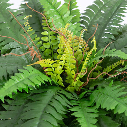 32-inch artificial Boston fern with green fronds, yellow accents, brown curling stems on Tampa Home & Garden Store
