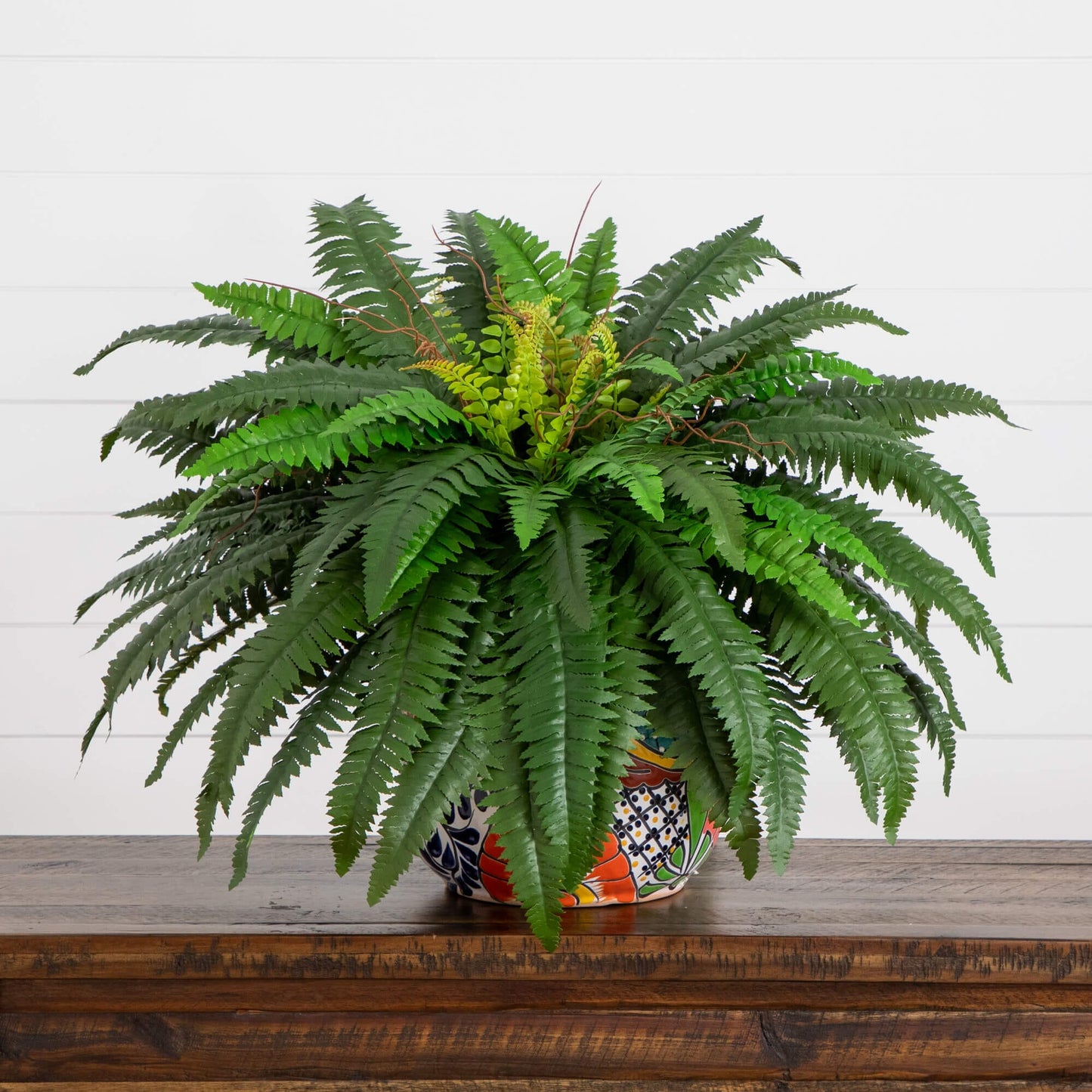 Artificial Boston Fern in Handmade Talavera Pot
