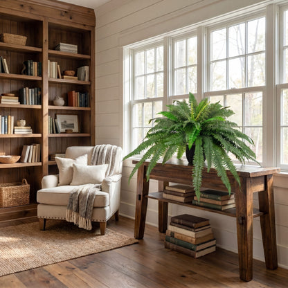 32-inch artificial self-shaped Boston fern in black planter on console near sunlit windows on Tampa Home & Garden Store