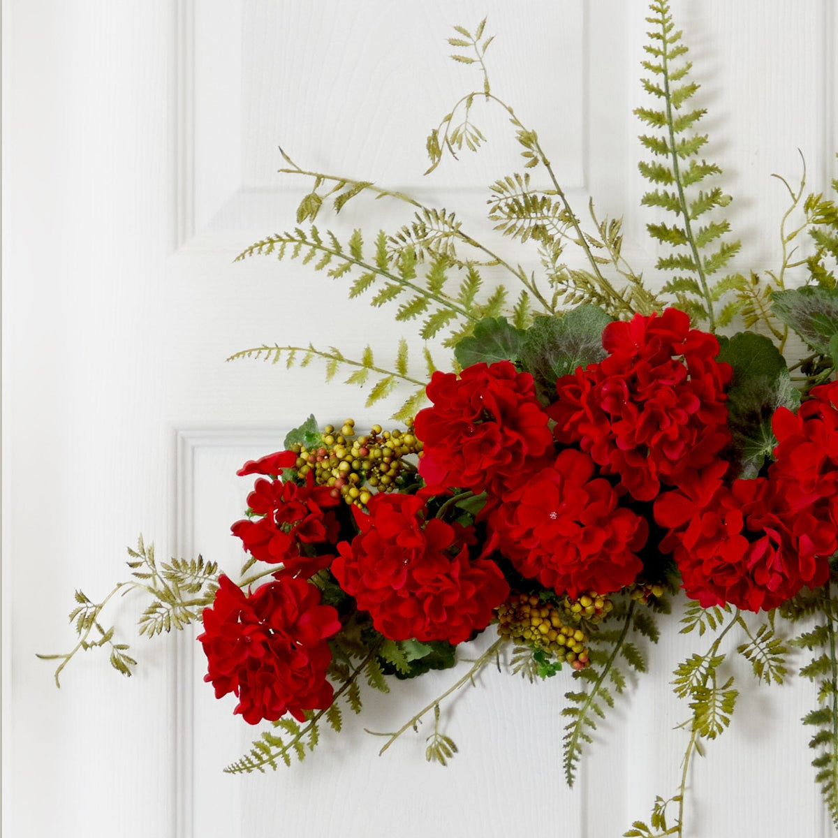 Nearly Natural 32” Geranium and Berry Swag with red blooms and gold fern accents on Tampa Home & Garden Store