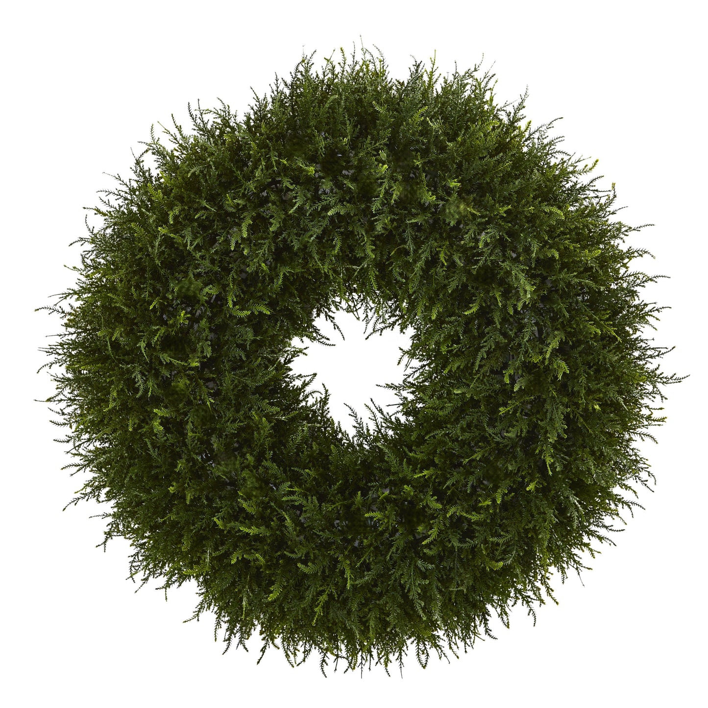 32-inch Giant Cedar Artificial Wreath by Nearly Natural, lush green cedar foliage close-up on Tampa Home & Garden Store