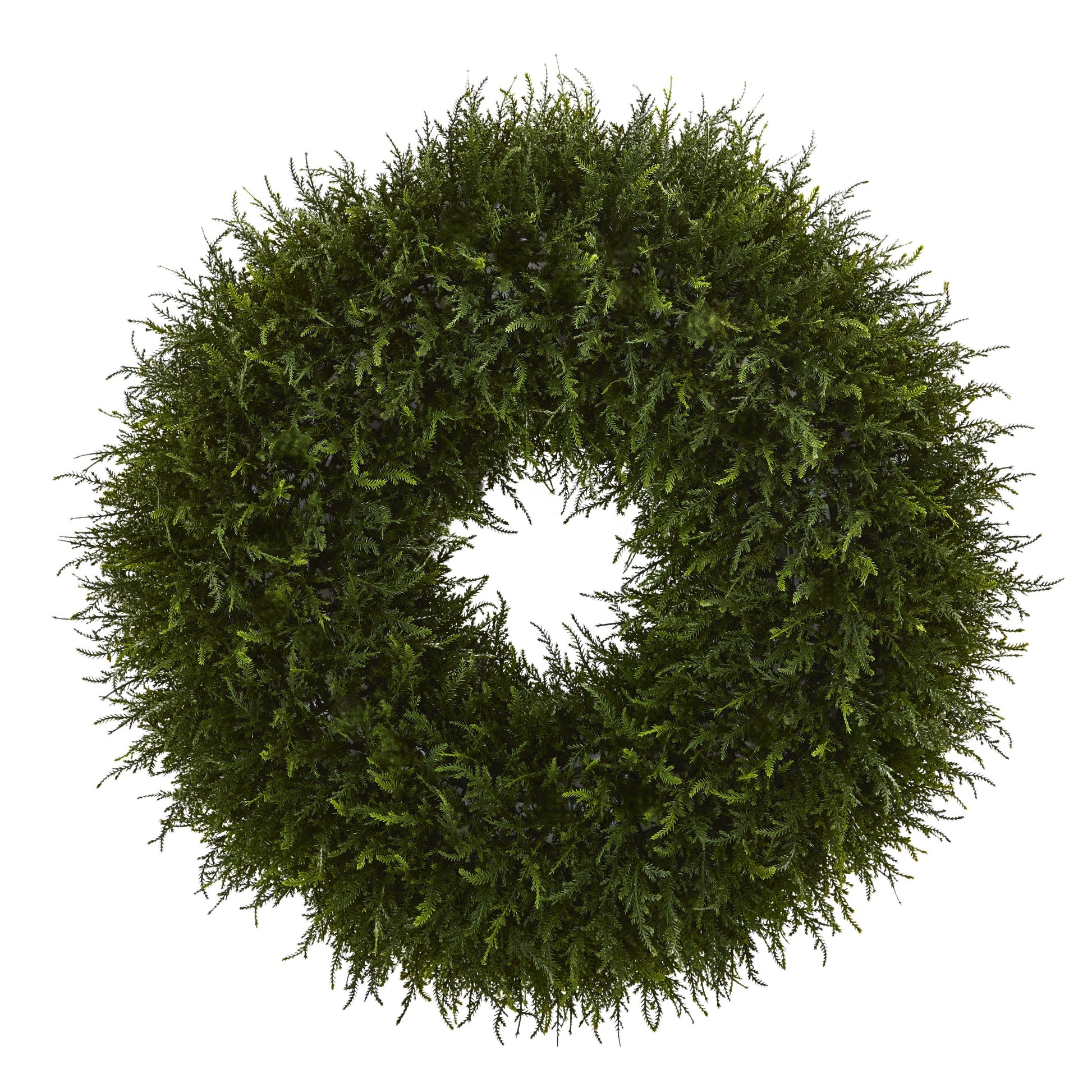 32-inch Giant Cedar Artificial Wreath by Nearly Natural, lush green cedar foliage close-up on Tampa Home & Garden Store