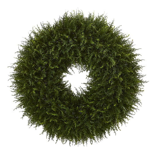 32-inch Giant Cedar Artificial Wreath by Nearly Natural, lush green cedar foliage close-up on Tampa Home & Garden Store