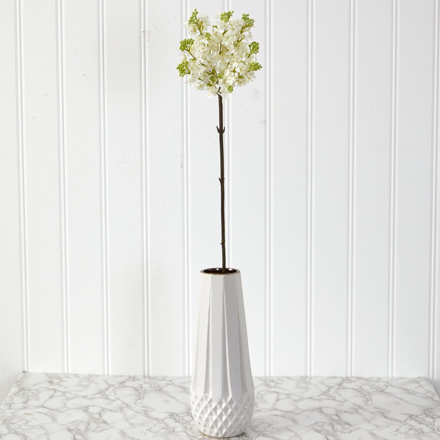 32in Lilac artificial flower stem set of 4 with blossoms and green buds in a white vase on Tampa Home & Garden Store