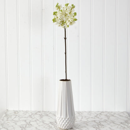 32in Lilac artificial flower stem set of 4 with blossoms and green buds in a white vase on Tampa Home & Garden Store