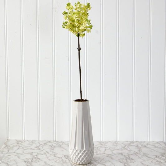 32” Lilac Artificial Flower Stem by Nearly Natural in a white diamond-pattern vase on Tampa Home & Garden Store