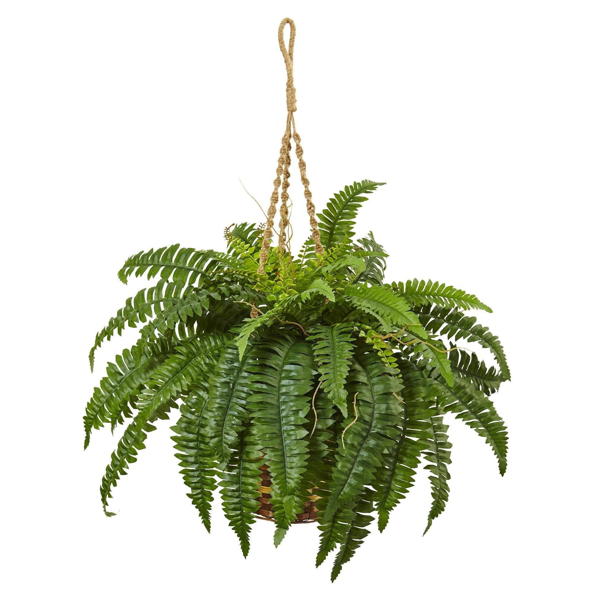 33-inch artificial Boston fern hanging basket by Nearly Natural with green fronds on Tampa Home & Garden Store