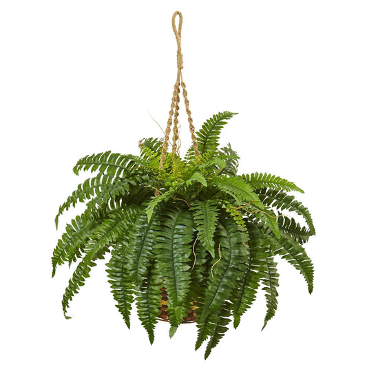 33-inch artificial Boston fern hanging basket by Nearly Natural with green fronds on Tampa Home & Garden Store