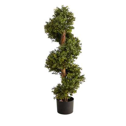 33” Boxwood Topiary Spiral Artificial Tree, Nearly Natural, green boxwood leaves in black planter, indoor/outdoor on Tampa Home & Garden Store