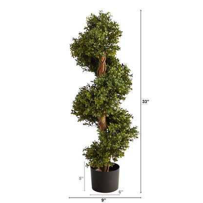 Boxwood topiary spiral tree by Nearly Natural, 33in, in black planter for indoor outdoor use on Tampa Home & Garden Store