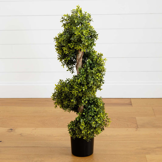 Nearly Natural 33in boxwood topiary spiral artificial tree in black pot, indoor/outdoor on Tampa Home & Garden Store