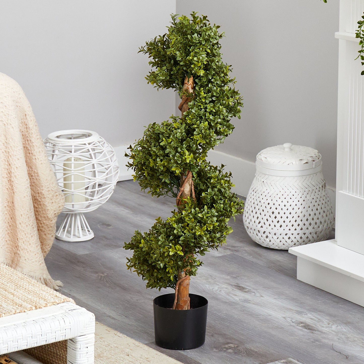 Boxwood Topiary Spiral Artificial Tree, Nearly Natural, 33-inch height in black planter with green leaves on Tampa Home & Garden Store