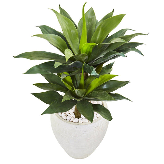 33-inch Double Agave Succulent Artificial Plant in White Planter with white stones, Nearly Natural brand on Tampa Home & Garden Store