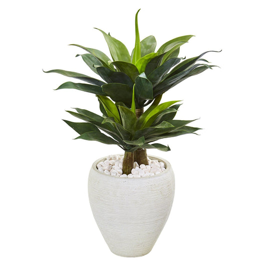 33-inch double agave artificial succulent plant in a white textured planter with white pebbles on Tampa Home & Garden Store