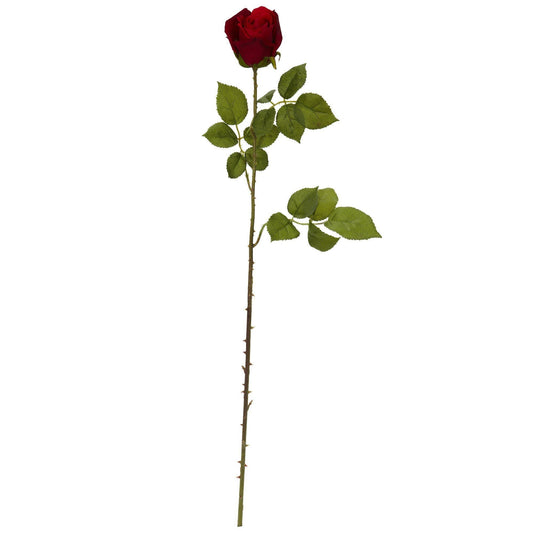 33-inch red rose bud artificial flower stem with serrated green leaves on Tampa Home & Garden Store