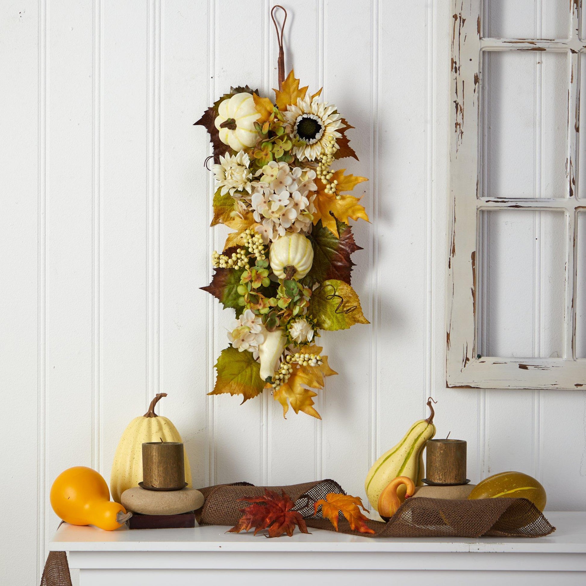 Teardrop wreath 33in Fall Sunflower Hydrangea White Pumpkin by Nearly Natural with autumn leaves on Tampa Home & Garden Store