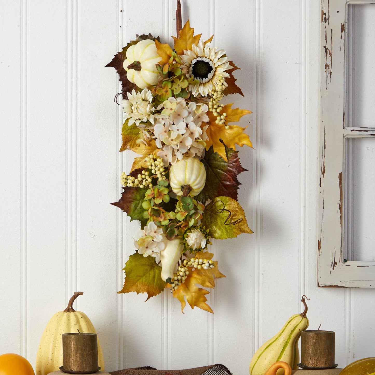 Teardrop wreath 33-inch Fall Sunflower Hydrangea White Pumpkin, artificial Nearly Natural on Tampa Home & Garden Store