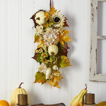 Teardrop wreath 33-inch Fall Sunflower Hydrangea White Pumpkin, artificial Nearly Natural on Tampa Home & Garden Store