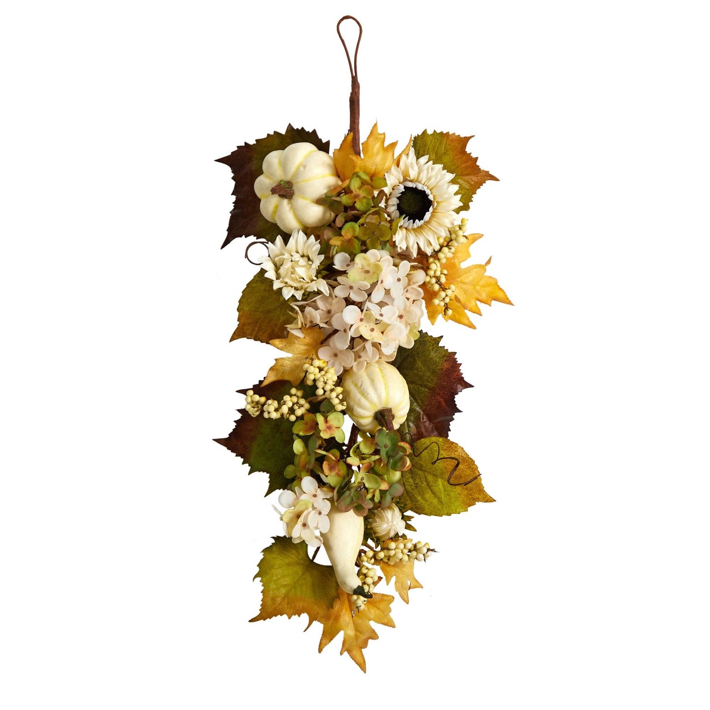 Teardrop wreath with sunflowers, hydrangea, white pumpkin and autumn leaves on Tampa Home & Garden Store