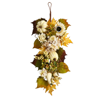Teardrop wreath with sunflowers, hydrangea, white pumpkin and autumn leaves on Tampa Home & Garden Store