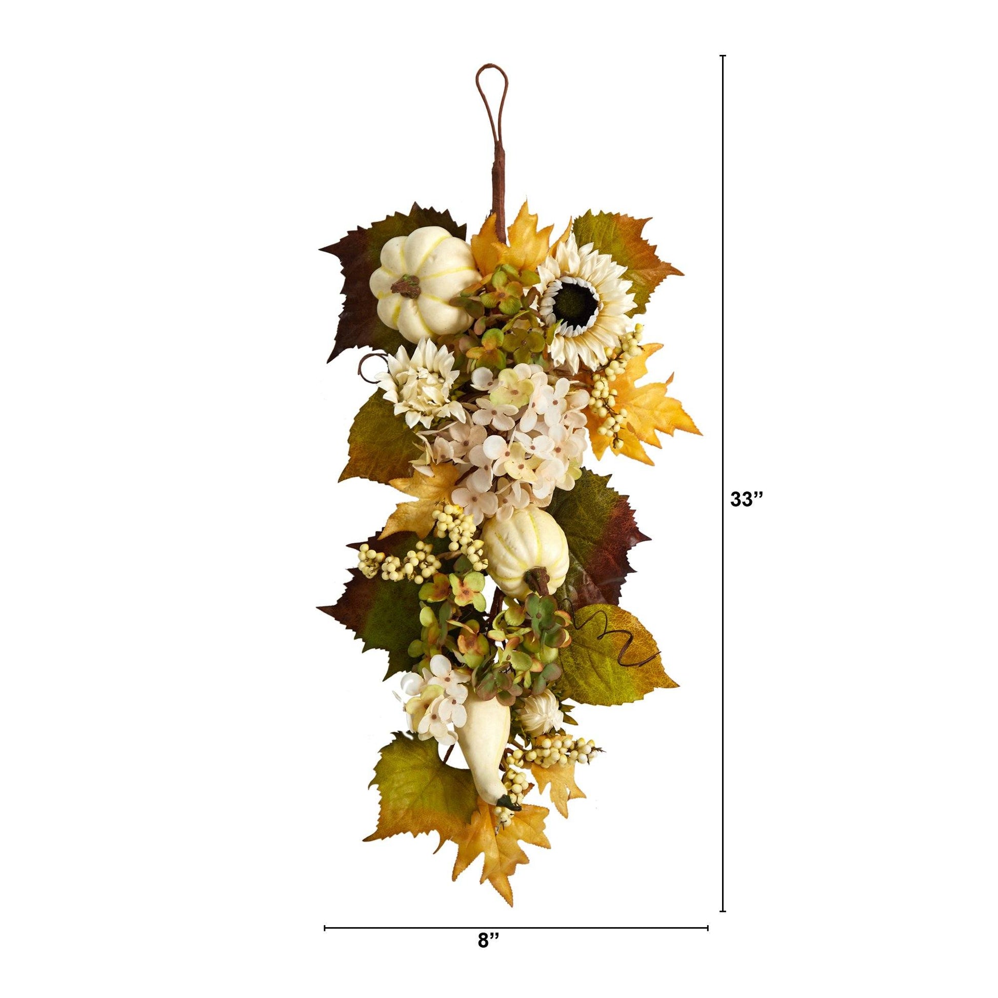 Teardrop wreath by Nearly Natural with sunflowers, hydrangea and white pumpkin, 33in on Tampa Home & Garden Store