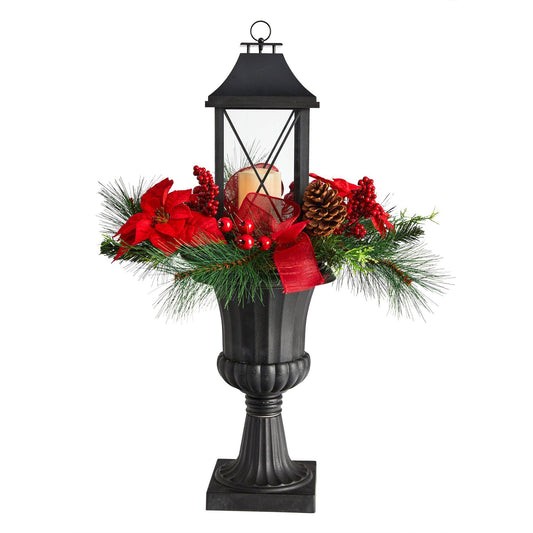 Nearly Natural 33in holiday berries and poinsettia lantern with LED candle, black metal on Tampa Home & Garden Store