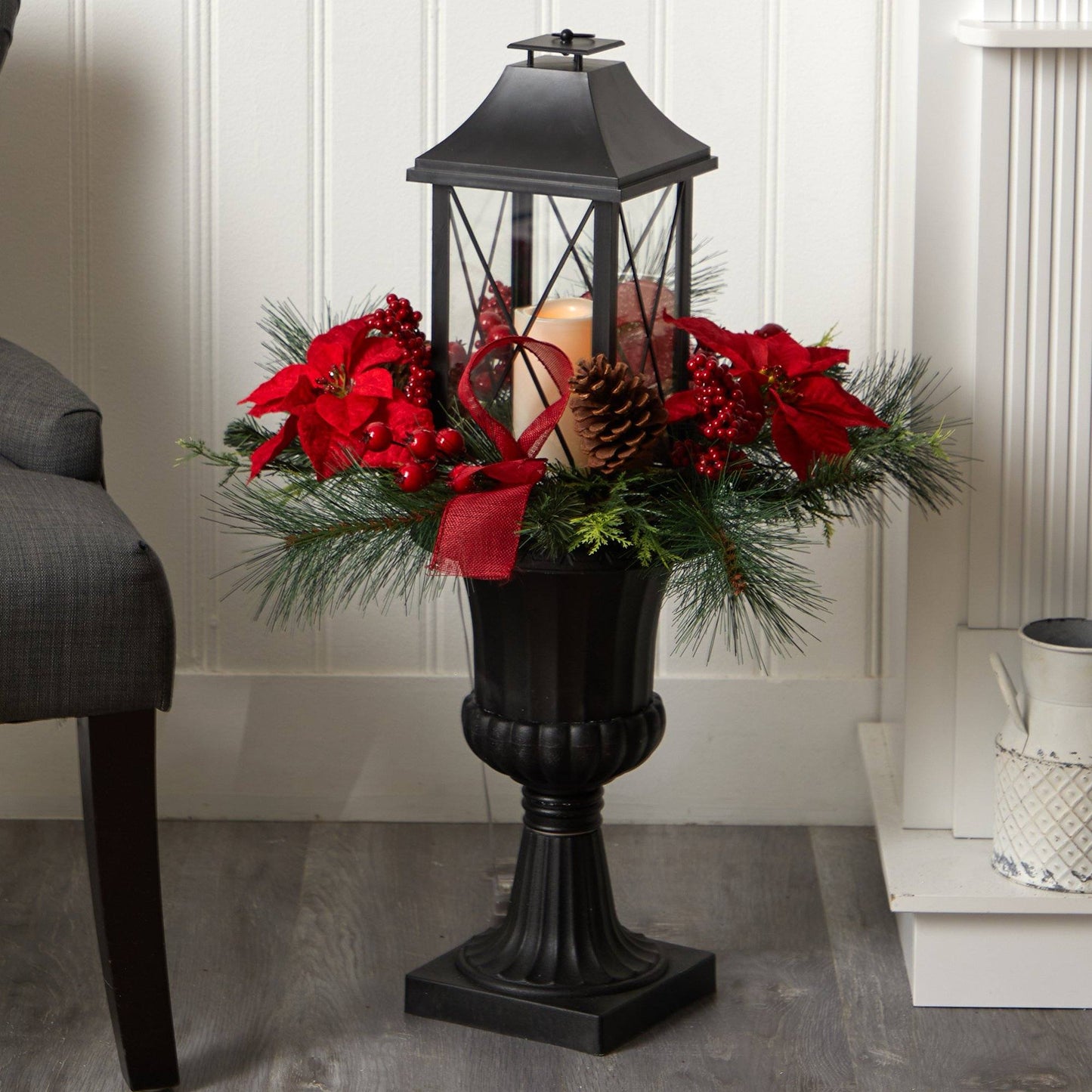 33in Holiday Berries and Poinsettia lantern Nearly Natural, black lantern with LED candle on Tampa Home & Garden Store