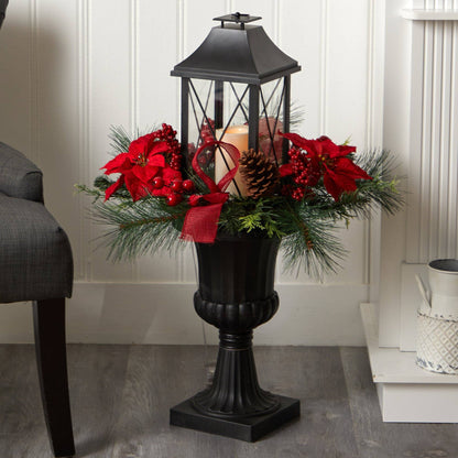 33in Holiday Berries and Poinsettia lantern Nearly Natural, black lantern with LED candle on Tampa Home & Garden Store