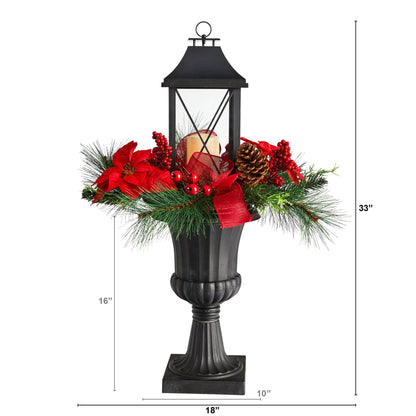 33in Nearly Natural holiday berries and poinsettia large lantern with black metal and LED candle on Tampa Home & Garden Store