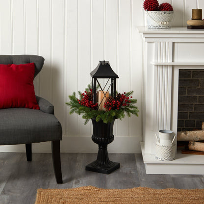 33” Holiday greenery with red berries and pinecones in a decorative urn with a large lantern Nearly Natural on Tampa Home & Garden Store
