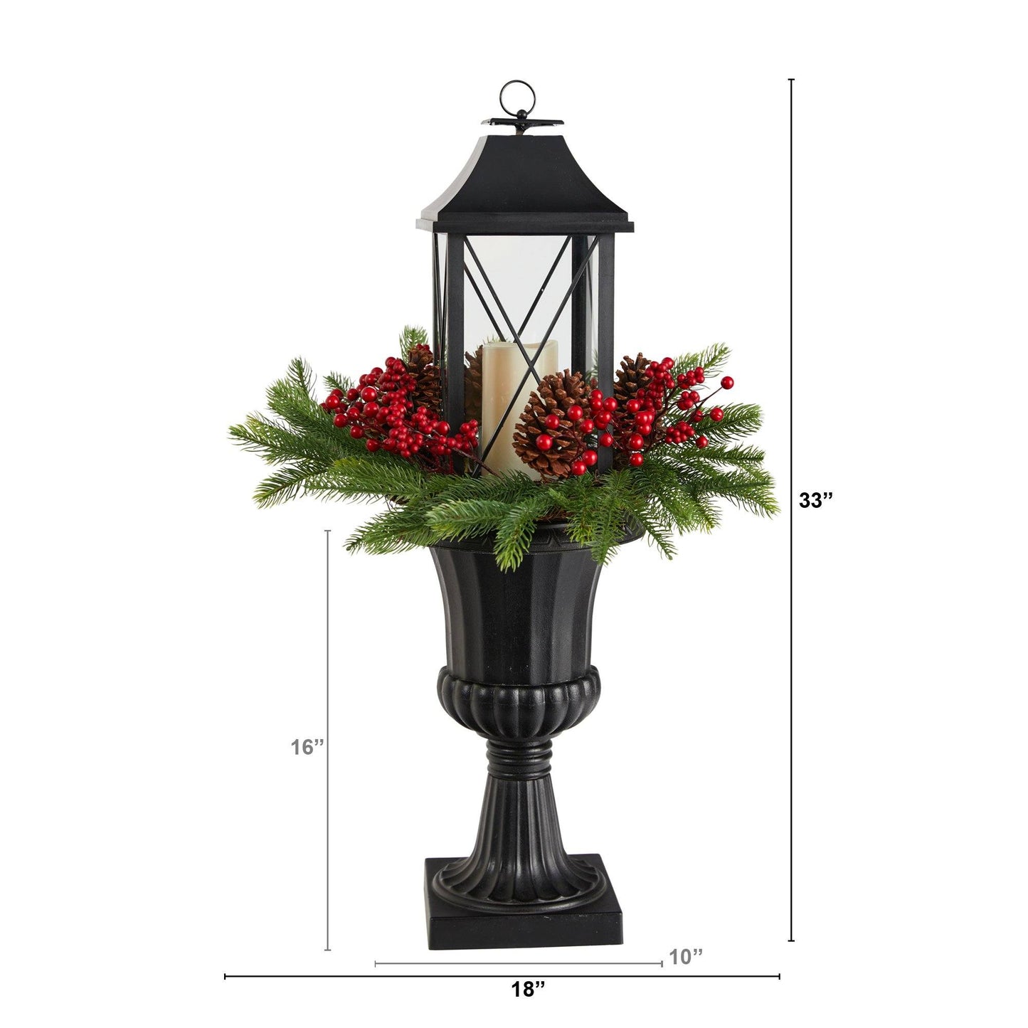 Nearly Natural 33in holiday greenery centerpiece with berries and pinecones near lantern in urn on Tampa Home & Garden Store