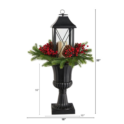 Nearly Natural 33in holiday greenery centerpiece with berries and pinecones near lantern in urn on Tampa Home & Garden Store